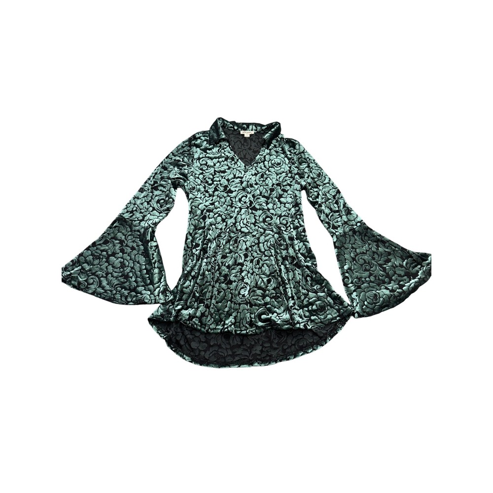 Ultra Pink Green Floral Burnout Velvet Bell Sleeve Button Front Tunic Top Small